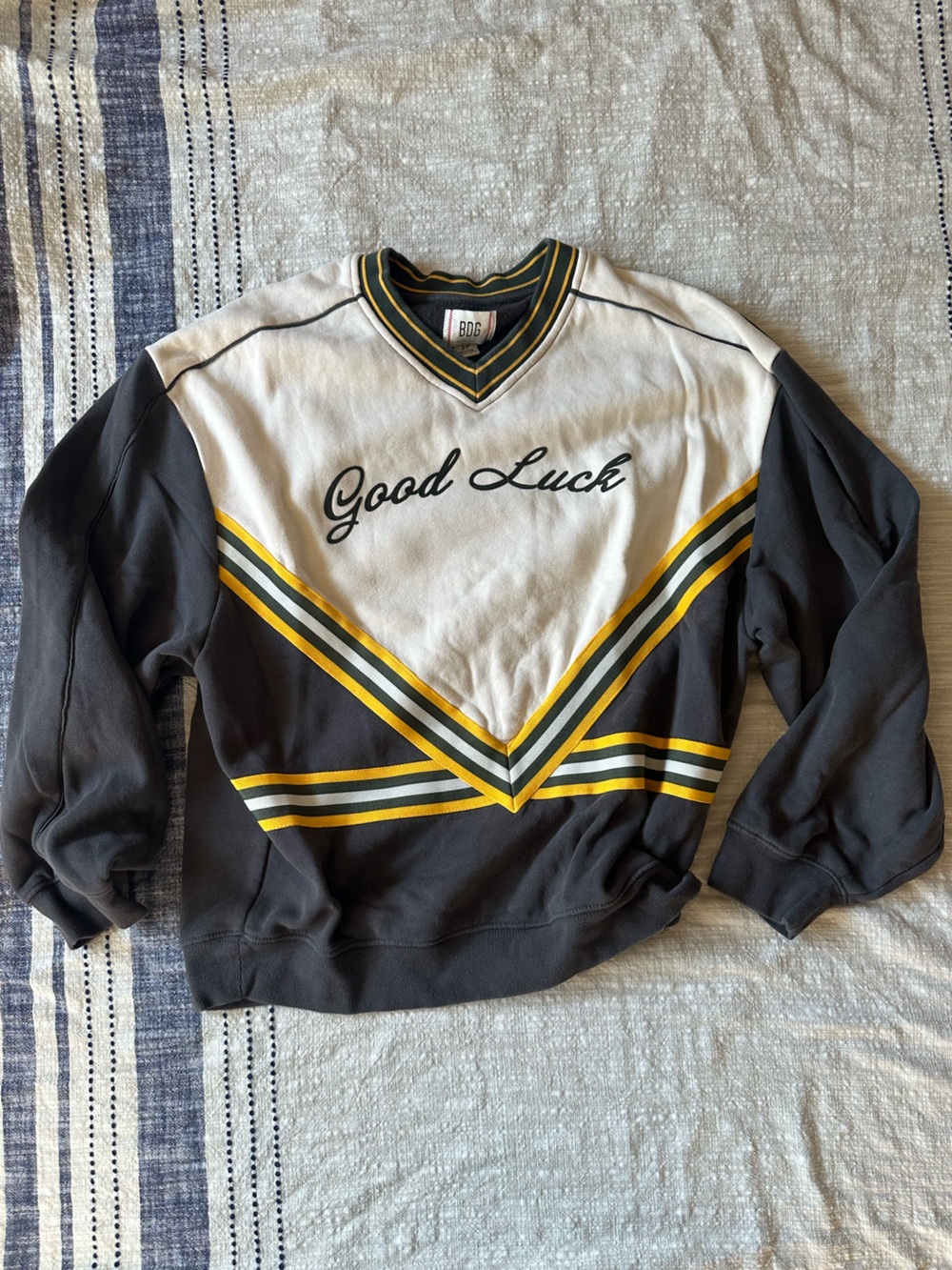 BDG 'Good Luck' Chevron Pullover Sweater - Black, White & Yellow